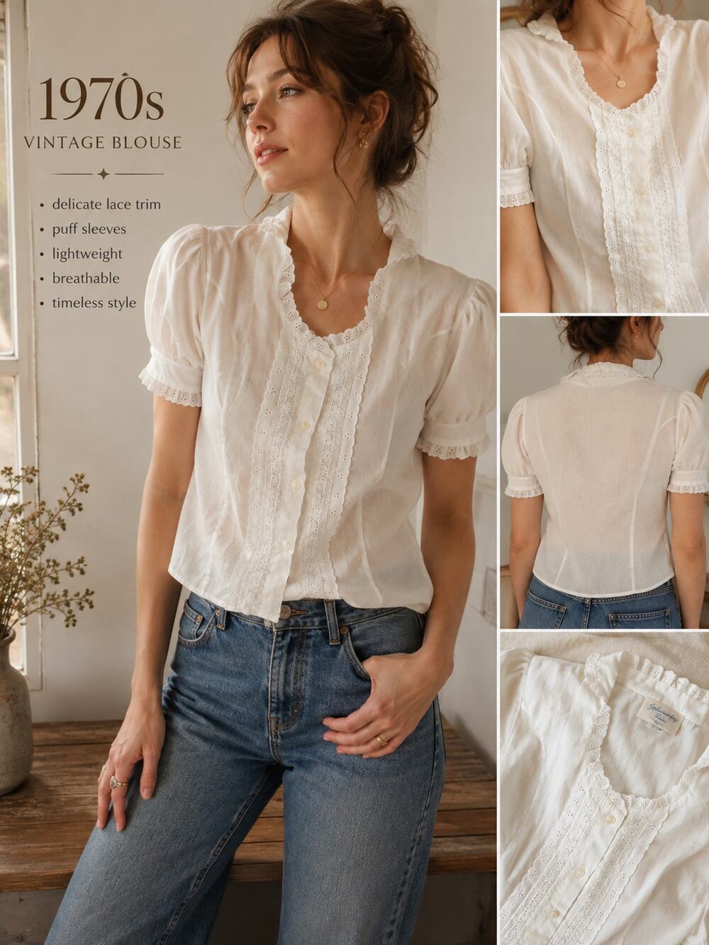 Vintage 1970s White Sheer Lace Trim Puff Sleeve Button Front Blouse Estimated L